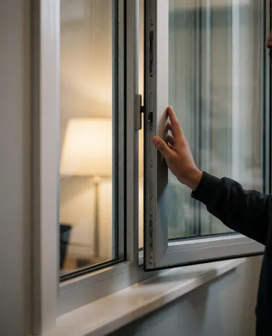 A hand opening an aluminum window in a home with a lamp reflection on a light gray wall, suitable for window repair services.