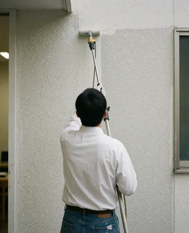 A house painter applies sealant to a textured exterior wall using a roller extension, viewed from behind.
