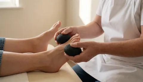 Reflexologist using hot volcanic stones on a client's feet during a professional treatment session on a clean table