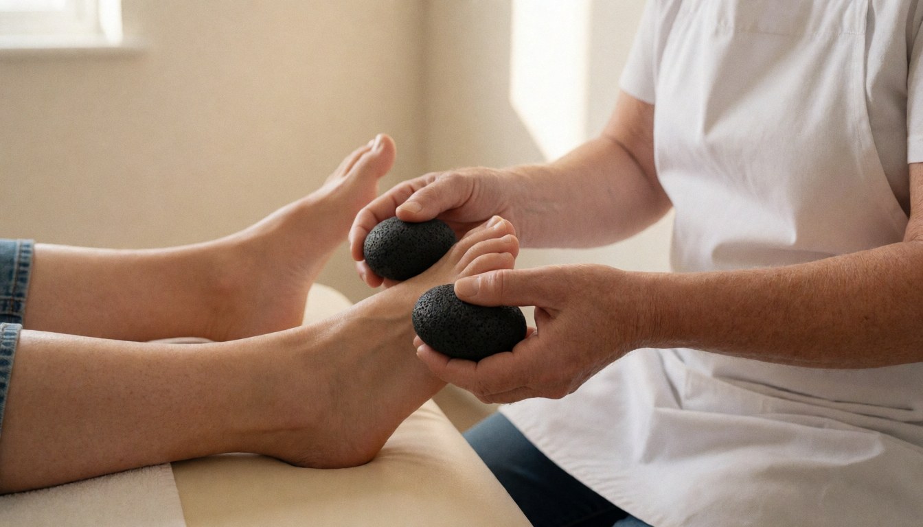 Reflexologist using hot volcanic stones on a client's feet during a professional treatment session on a clean table