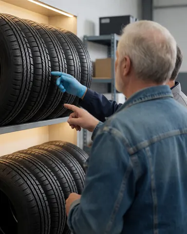A customer and mechanic examine tires on workshop shelves under warm lighting with an industrial background.
