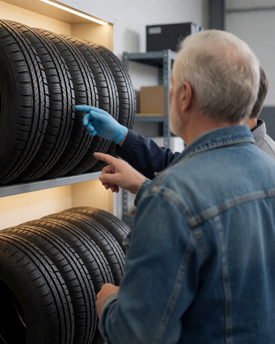 A customer and mechanic examine tires on workshop shelves under warm lighting with an industrial background.
