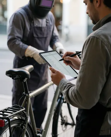Delivery driver reviewing a digital list on a tablet while standing beside a loaded bicycle on the street during a service run
