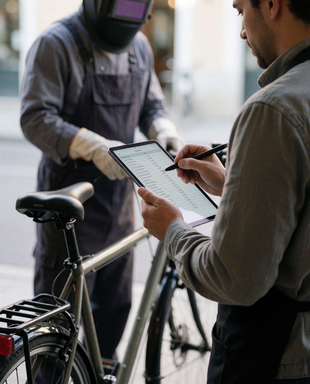 Delivery driver reviewing a digital list on a tablet while standing beside a loaded bicycle on the street during a service run
