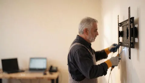 Technician installing a TV wall mount bracket using tools with a work table and laptops in the background
