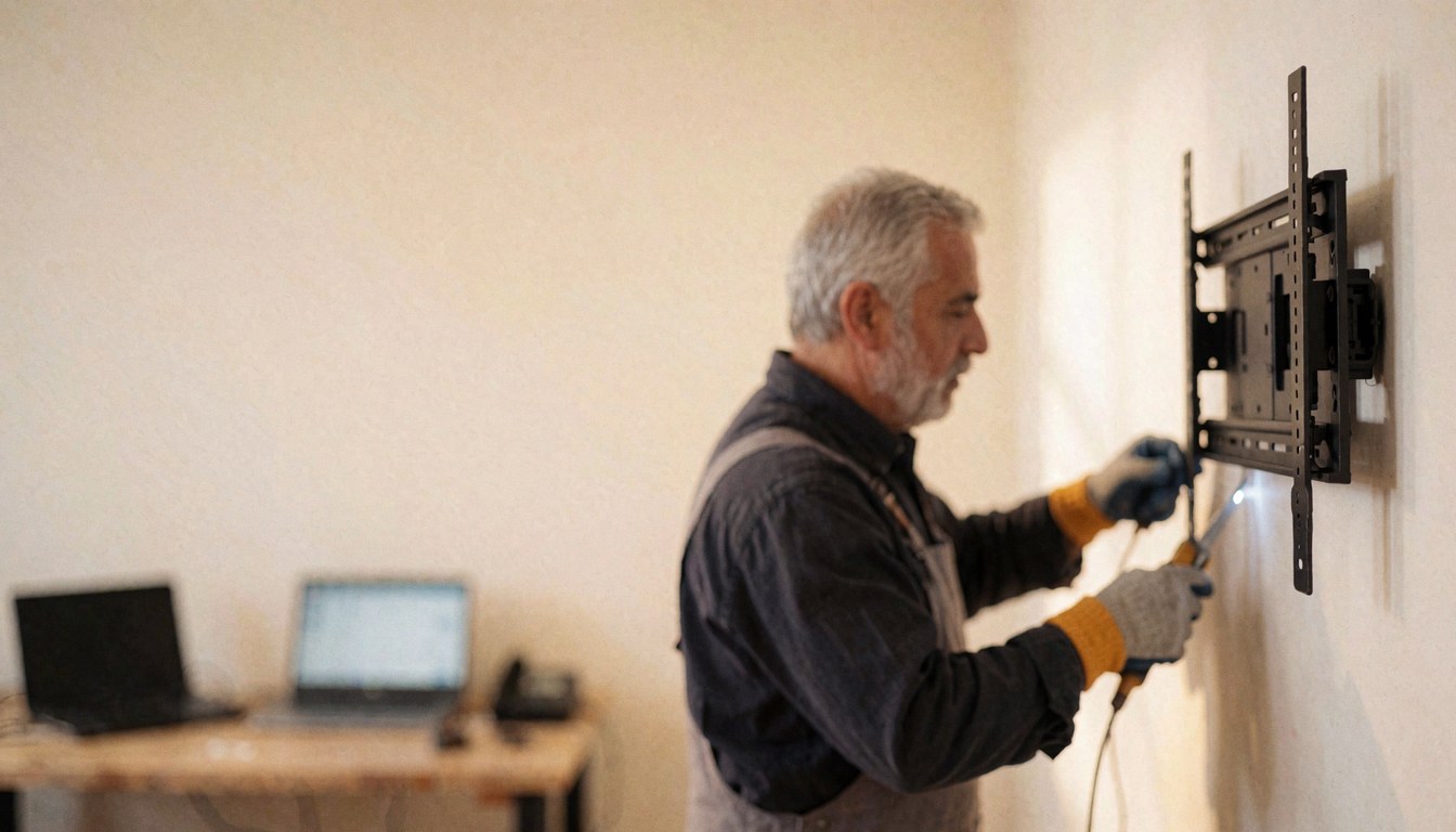 Technician installing a TV wall mount bracket using tools with a work table and laptops in the background