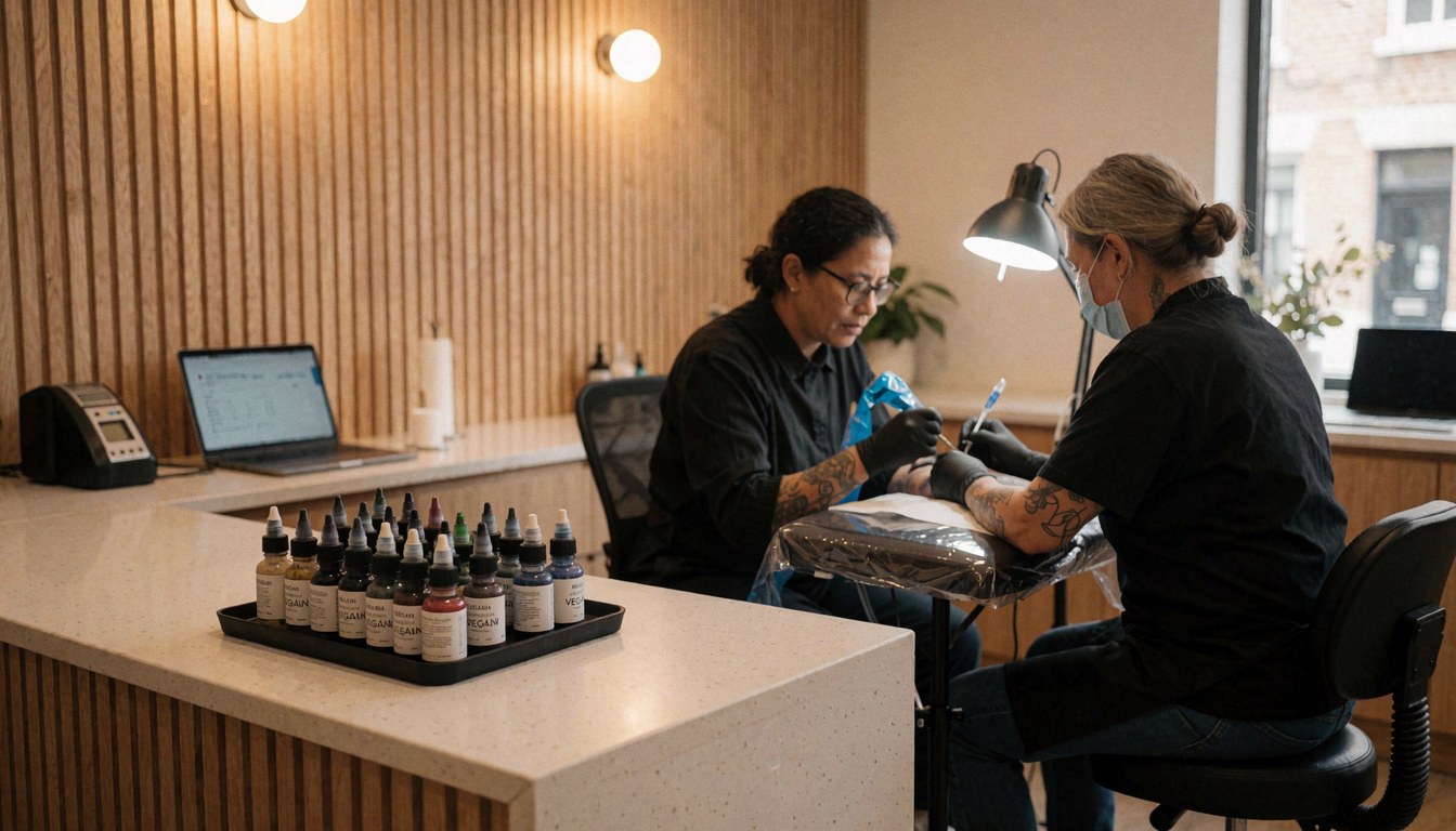 Tattoo artist applying vegan ink to a client in a professional studio with light wood walls and clean workspace
