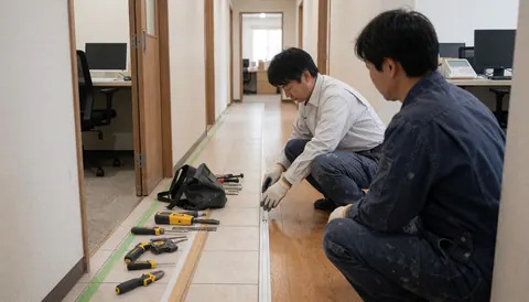 Two workers install a floor transition strip between tile and wood flooring in an office hallway with tools nearby
