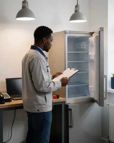 Technician in uniform checking a repaired refrigerator in a well-lit workshop with ceiling lights