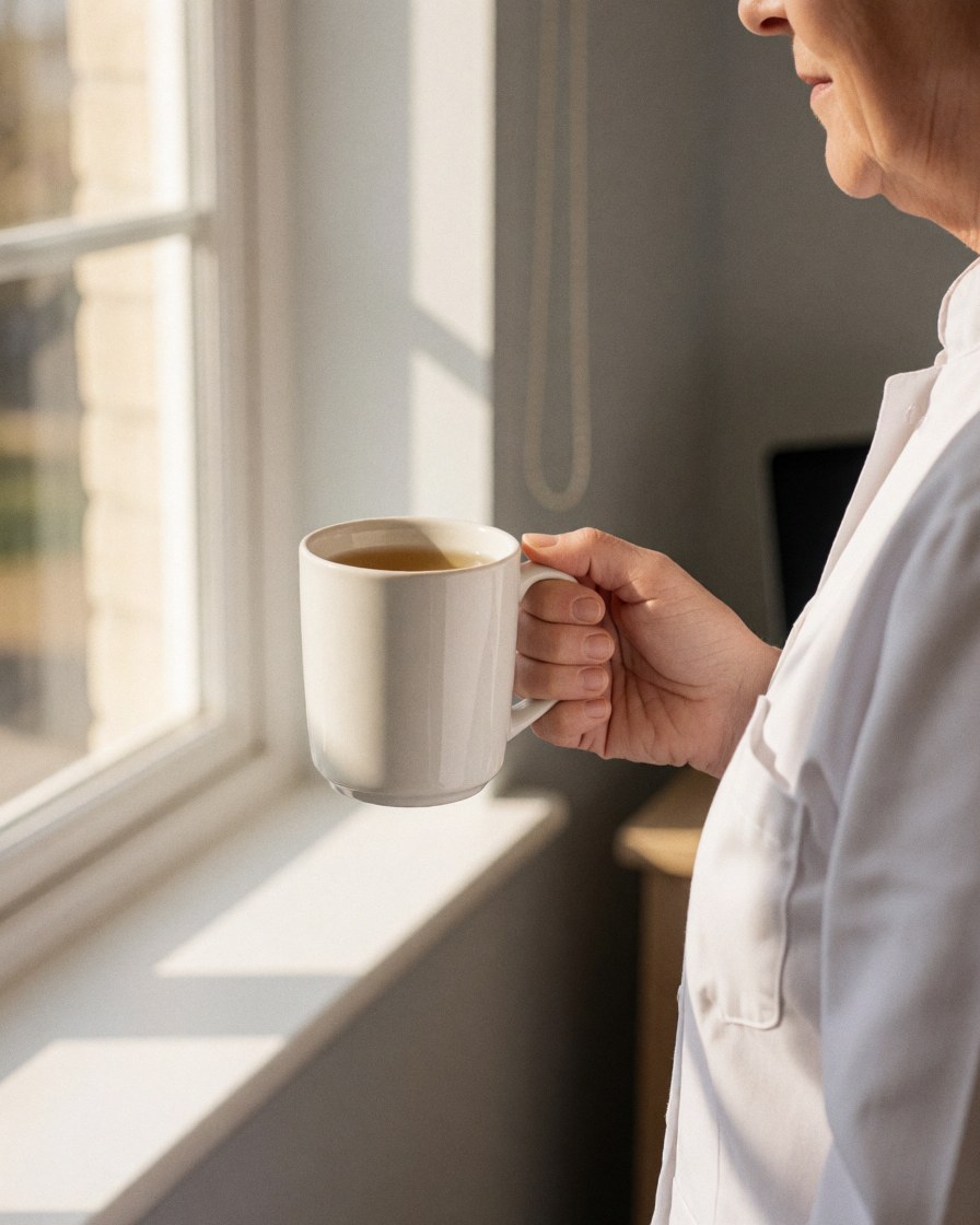 Adult customer holding a tea mug near a window with natural light, gray wall, white professional clothing, ideal for cervical massage therapy.