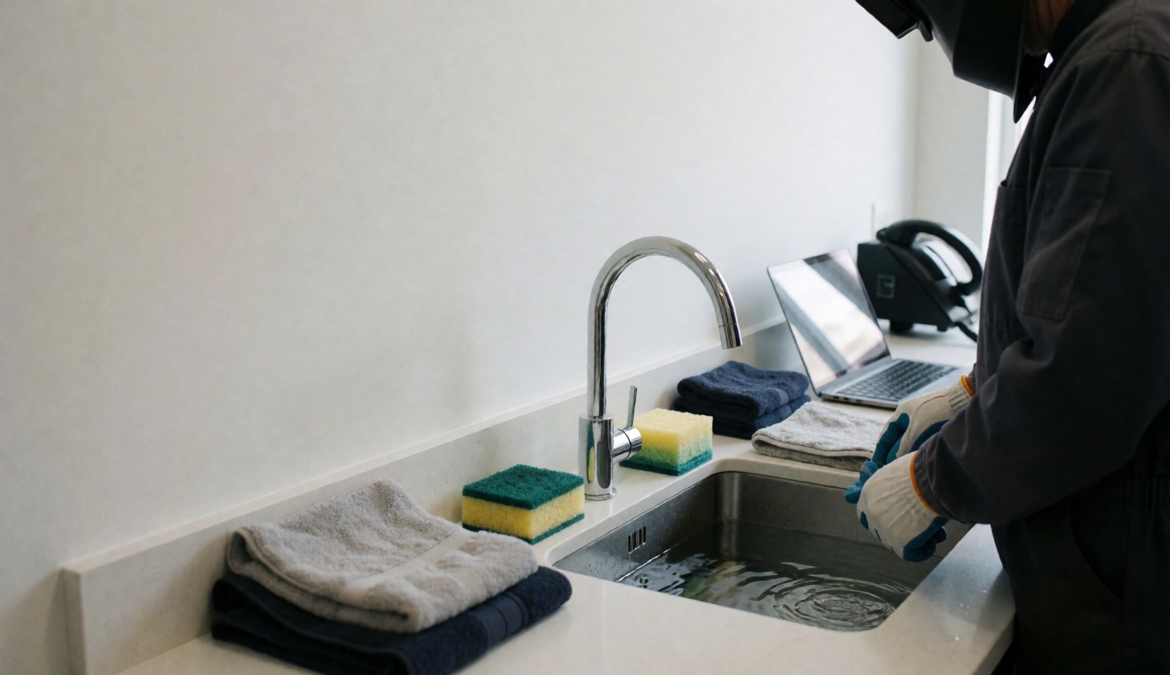 A person wearing gloves cleans underwater photography gear using towels and sponges in a sink area.