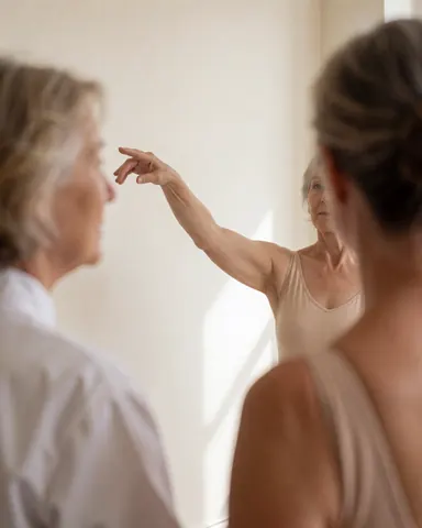 Senior woman in leotard practicing dance in front of mirror at dance school