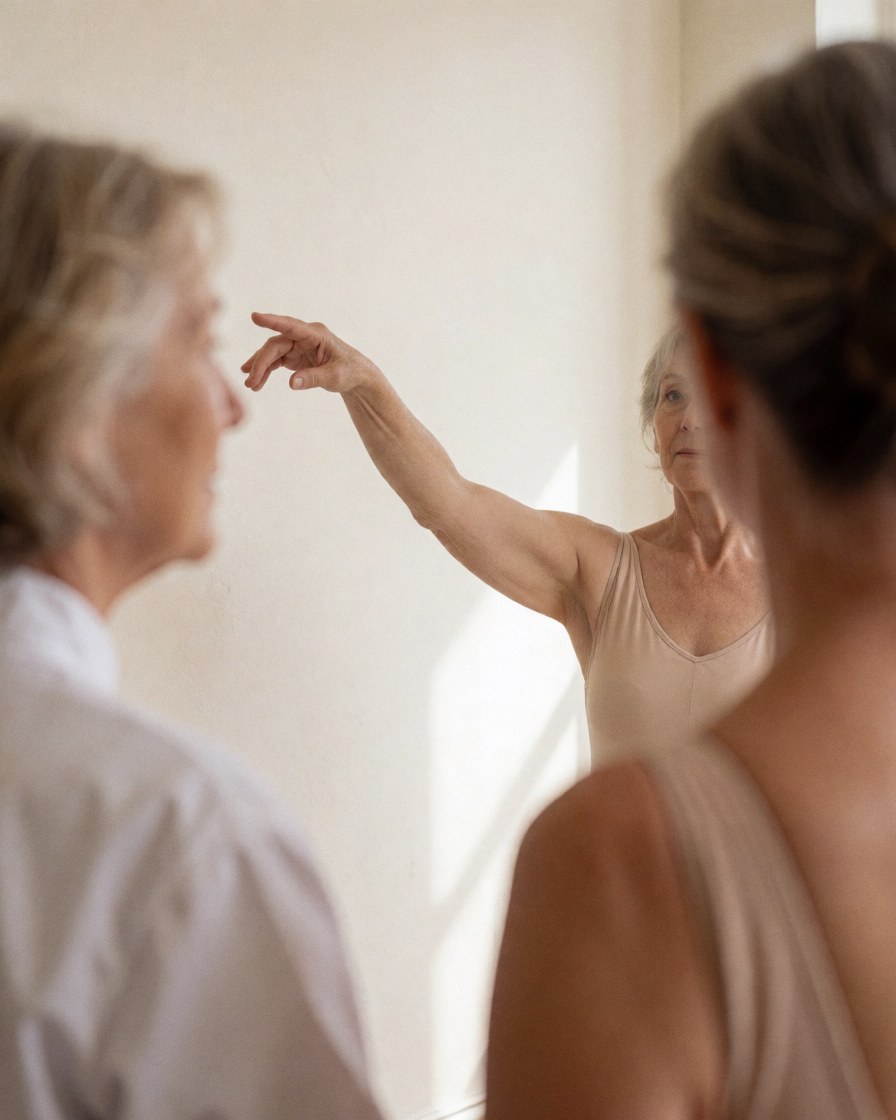 Senior woman in leotard practicing dance in front of mirror at dance school