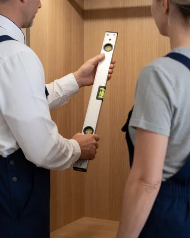 Carpenter uses a level to verify a wooden closet installation while a client observes the professional work in a clean interior space with slat walls.