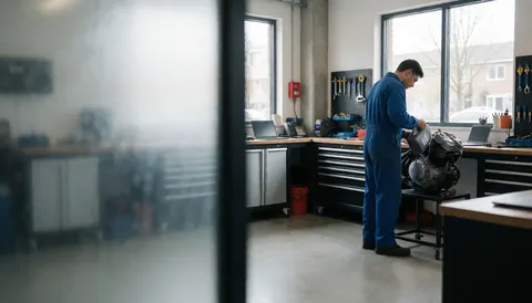 Mechanic working on motorcycle engine in a modern workshop with tools on the wall and natural light from windows