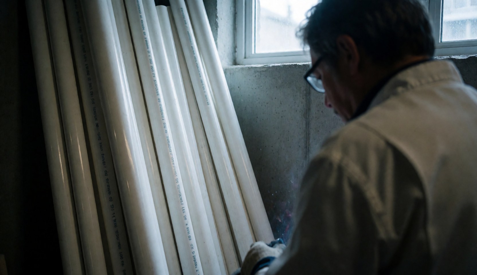 A man wearing glasses works with white PVC pipes in a workshop with a concrete wall and natural light.