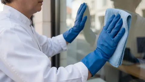 A professional cleaner wearing blue gloves uses a microfiber towel to clean a commercial window, demonstrating exterior cleaning services.
