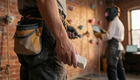 A climber holding a chalk bag and stone block in a gym with brick walls, ready to climb.