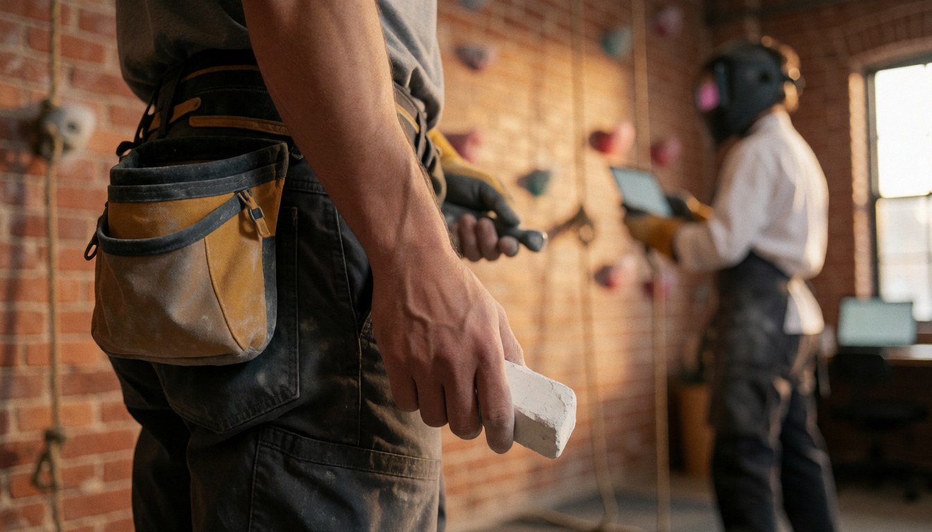 A climber holding a chalk bag and stone block in a gym with brick walls, ready to climb.