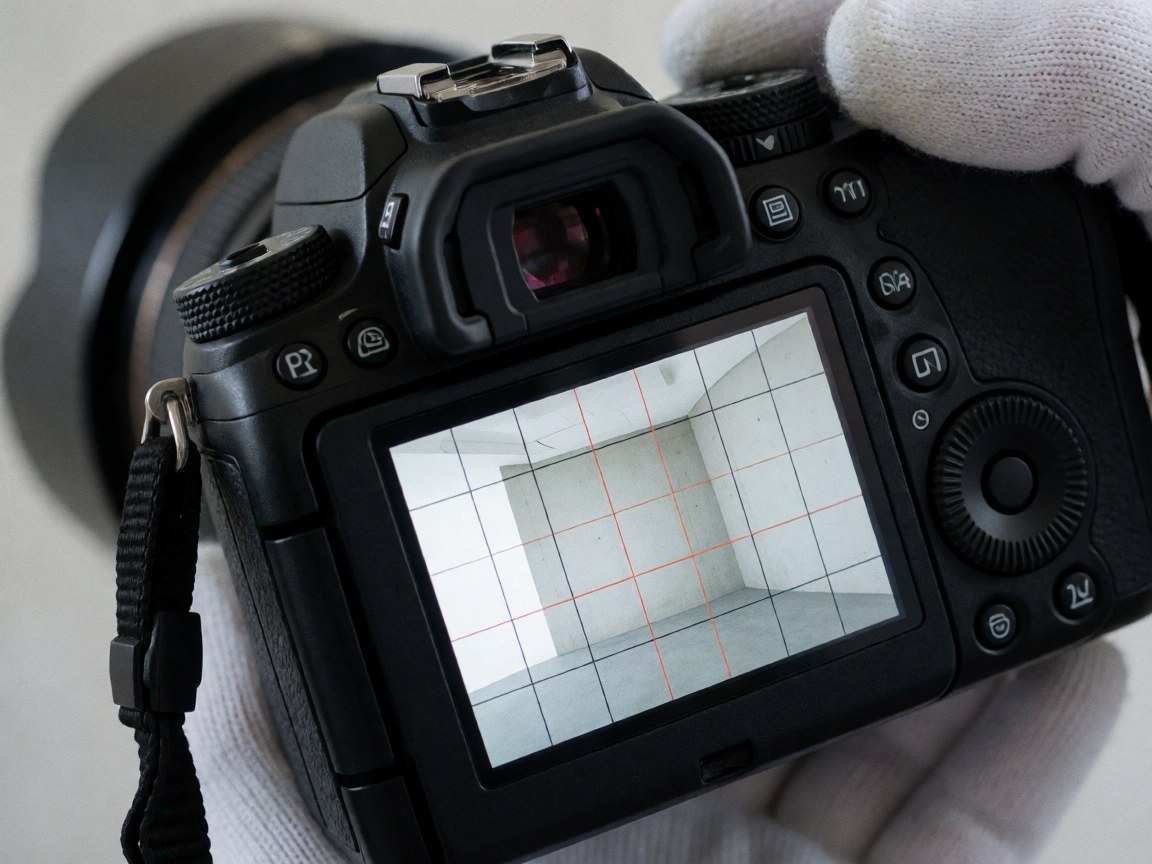 Close-up of a professional camera displaying a leveling grid on its LCD screen, with a gloved hand adjusting the dial against a smooth concrete background.