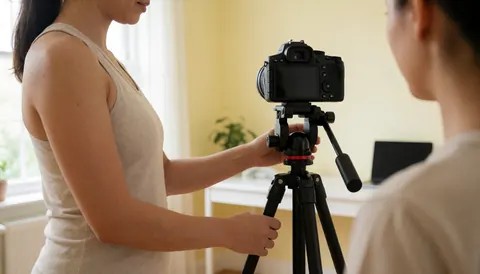 Yoga instructor adjusts a camera mounted on a tripod in a studio with yellow walls and natural light, preparing for a virtual class.