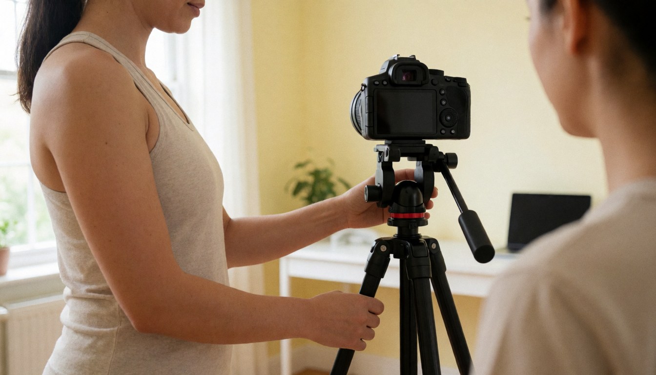 Yoga instructor adjusts a camera mounted on a tripod in a studio with yellow walls and natural light, preparing for a virtual class.