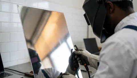 Welder in protective gear working on a polished steel plate in a workshop with white tiled walls