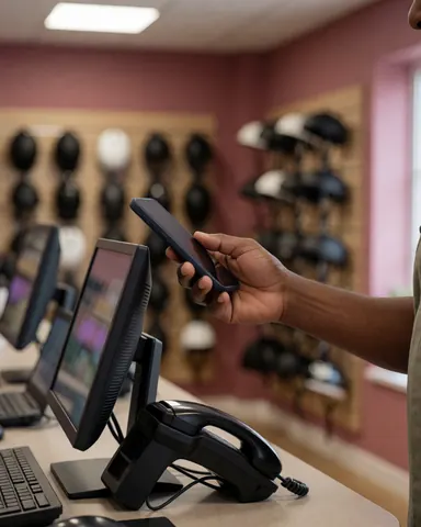 Customer using mobile phone to pay in a bicycle store with visible helmets and a pink wall near the cash register