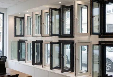Aluminum and PVC windows on display in a showroom with white walls and spotlights, suitable for window installation businesses.