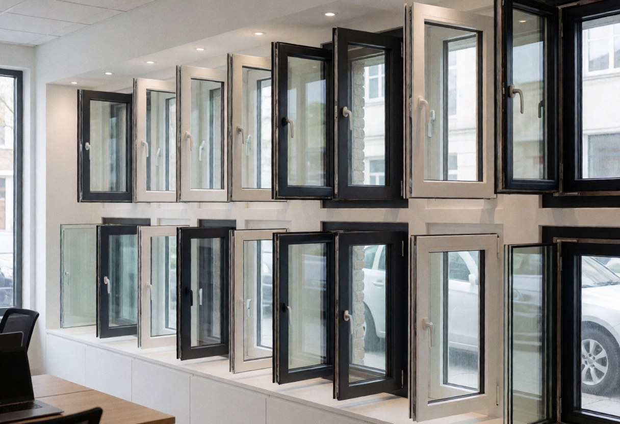Aluminum and PVC windows on display in a showroom with white walls and spotlights, suitable for window installation businesses.