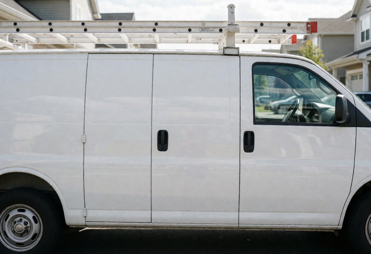 White service van equipped with a ladder parked on a residential street, ready for heating repairs with reflections visible in the windows.
