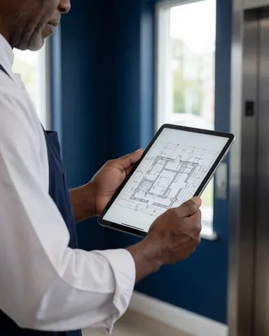 Technician examining elevator modernization plans on a tablet in a lobby with blue walls and natural light.