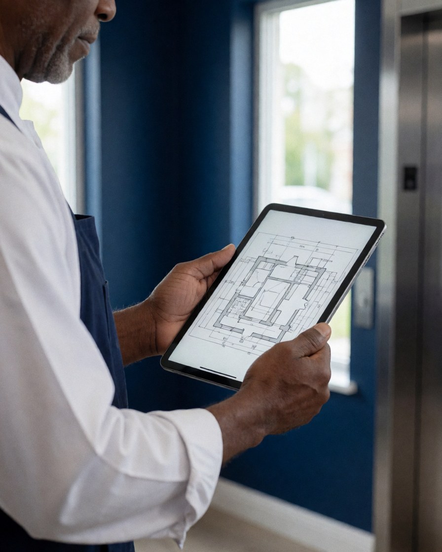 Technician examining elevator modernization plans on a tablet in a lobby with blue walls and natural light.