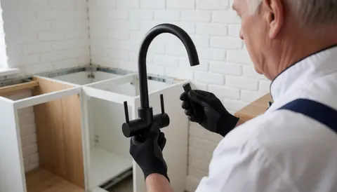 A kitchen installer wearing black gloves installs a black faucet on a partially assembled cabinet in a kitchen with a white brick wall.