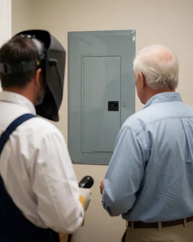 Electrician in safety gear and an older client inspecting an electrical panel in a room with beige walls