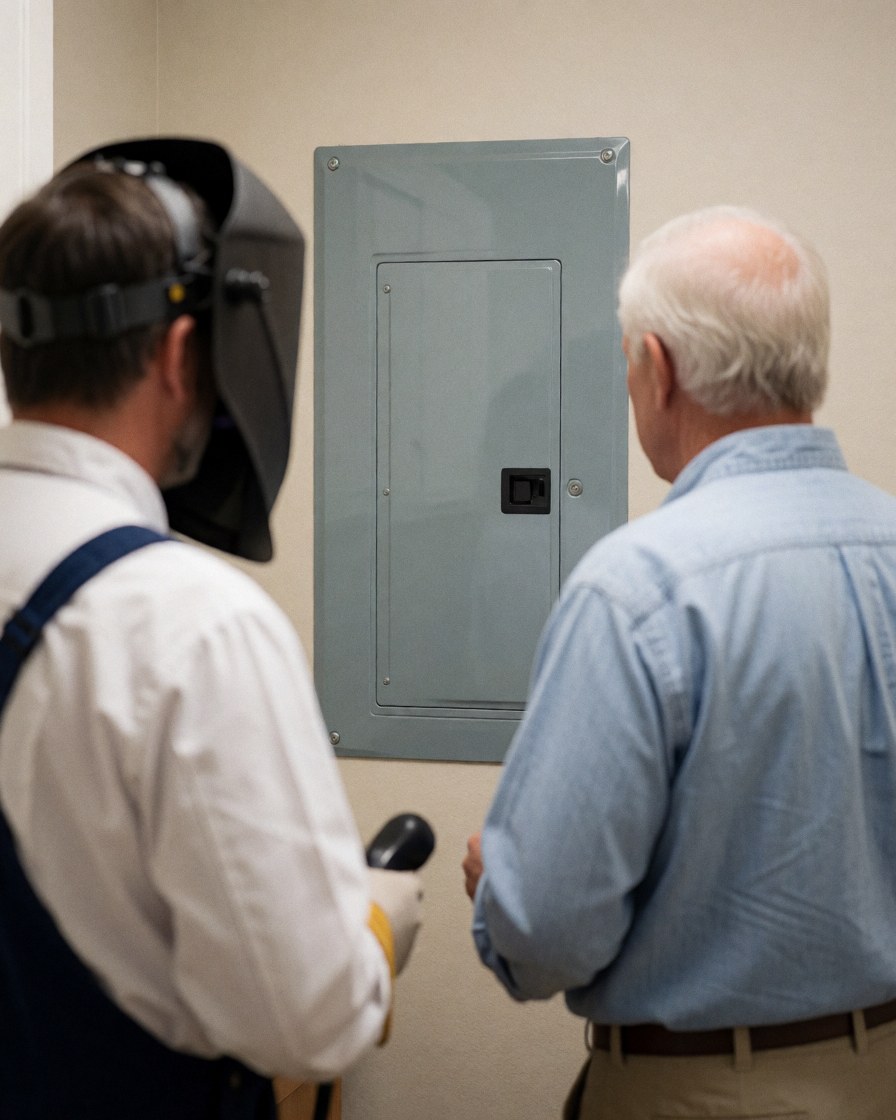 Electrician in safety gear and an older client inspecting an electrical panel in a room with beige walls