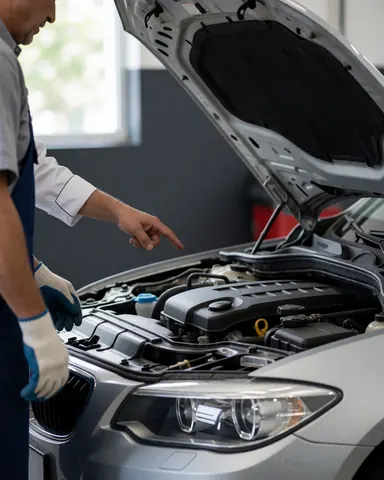Mechanic wearing gloves displays a car engine with the hood open in a workshop with gray walls and natural light.