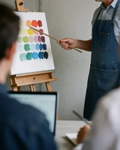 Instructor pointing at a color chart on a concrete wall while teaching color theory in an art class setting