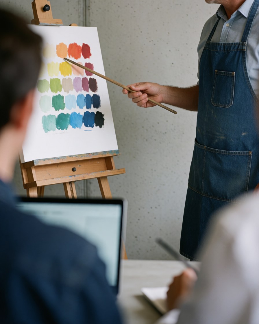 Instructor pointing at a color chart on a concrete wall while teaching color theory in an art class setting