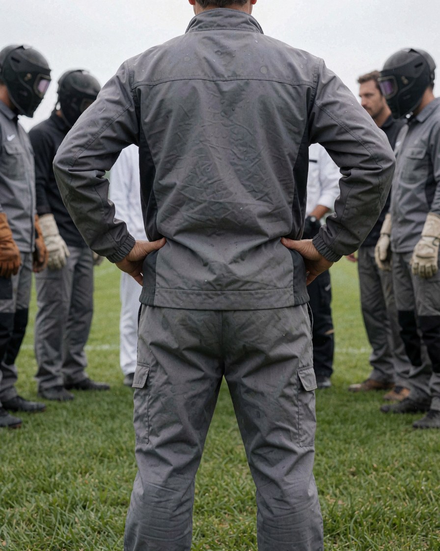 Soccer coach standing with hands on hips facing players wearing helmets on a grass field during a professional training session