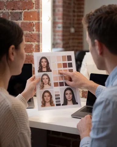 Makeup artist and client reviewing a mood board with makeup tones on a white table in front of a red brick wall