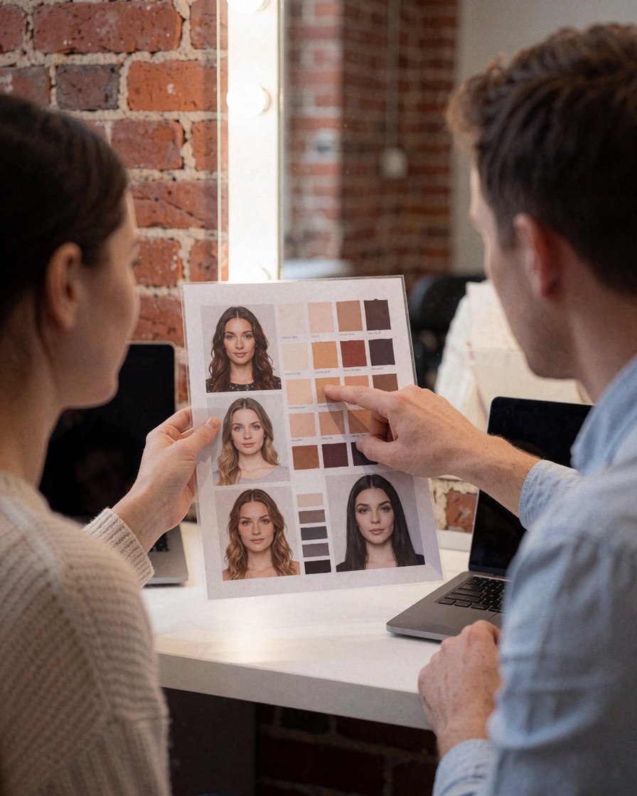 Makeup artist and client reviewing a mood board with makeup tones on a white table in front of a red brick wall
