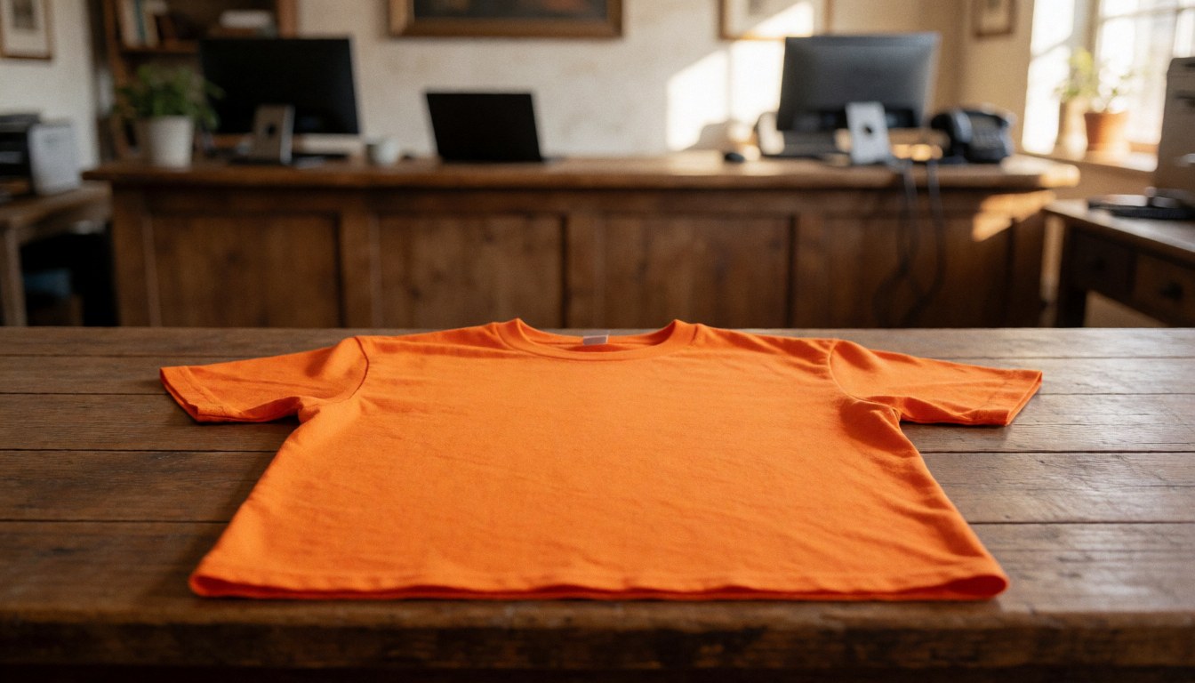 Ironed orange shirt placed on a wooden table at an adventure park reception with computers in the background.