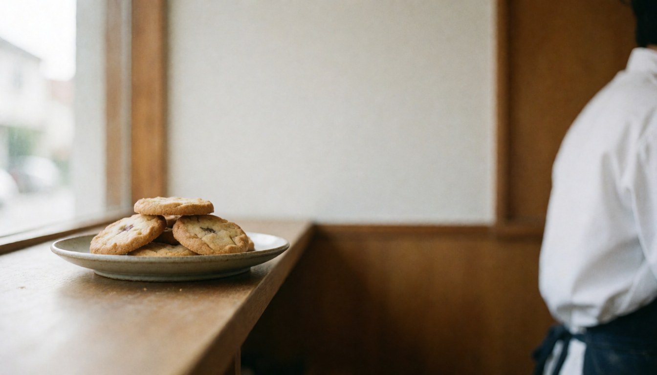 Homemade cookies on a plate on a counter with natural light from a window and warm wood walls in a cozy cafe.