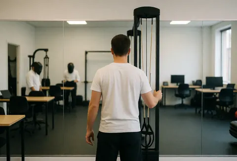 A man from behind adjusting a heavy training rope in a gym with mirrored walls and rubber flooring.