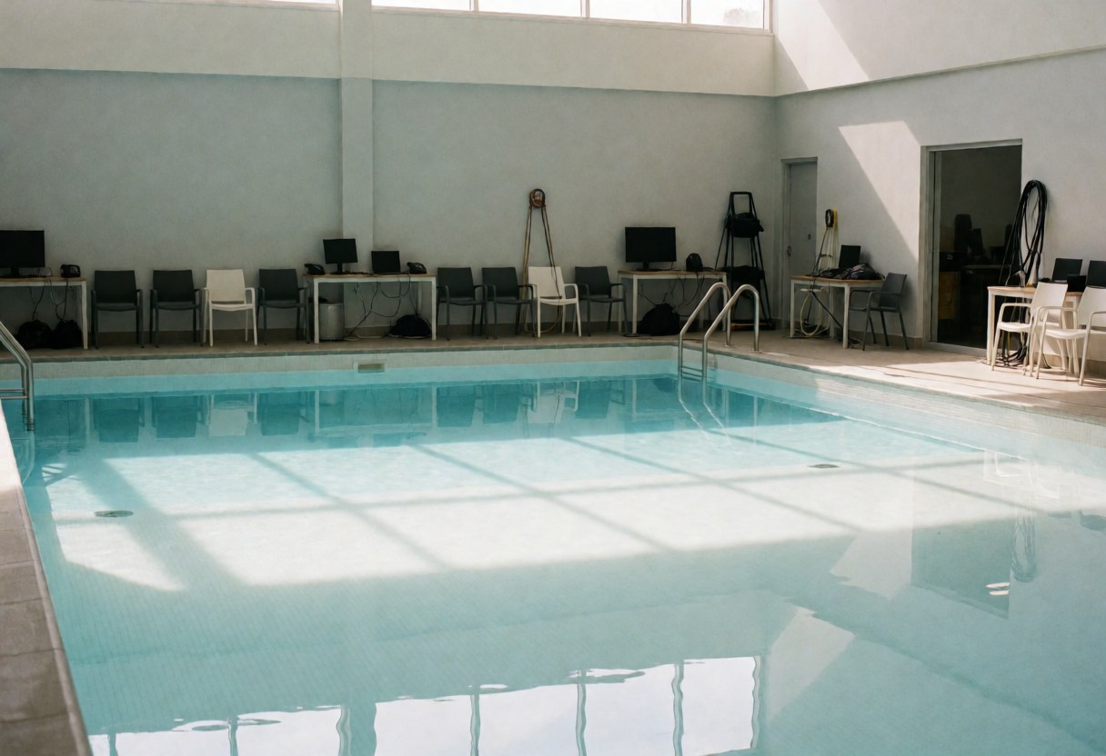 Empty public pool with calm water reflecting natural light, neatly arranged chairs and tables on the deck, and clean gray walls.