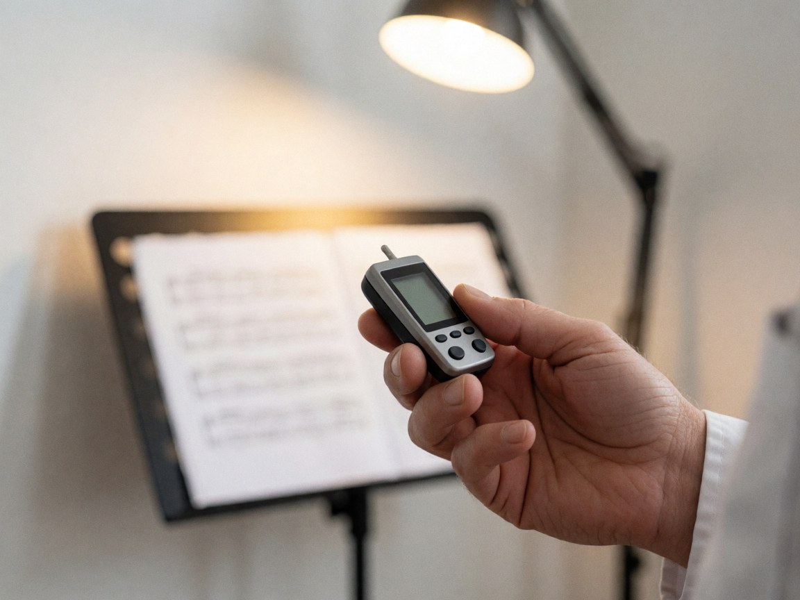 Close-up of a hand holding a digital tuner with sheet music on a stand and desk lamp in the background for a music academy