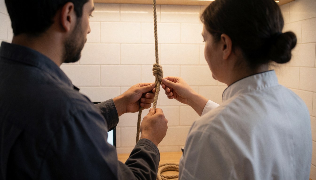 Instructor and student tying a knot with rope on a white tiled wall with warm lighting