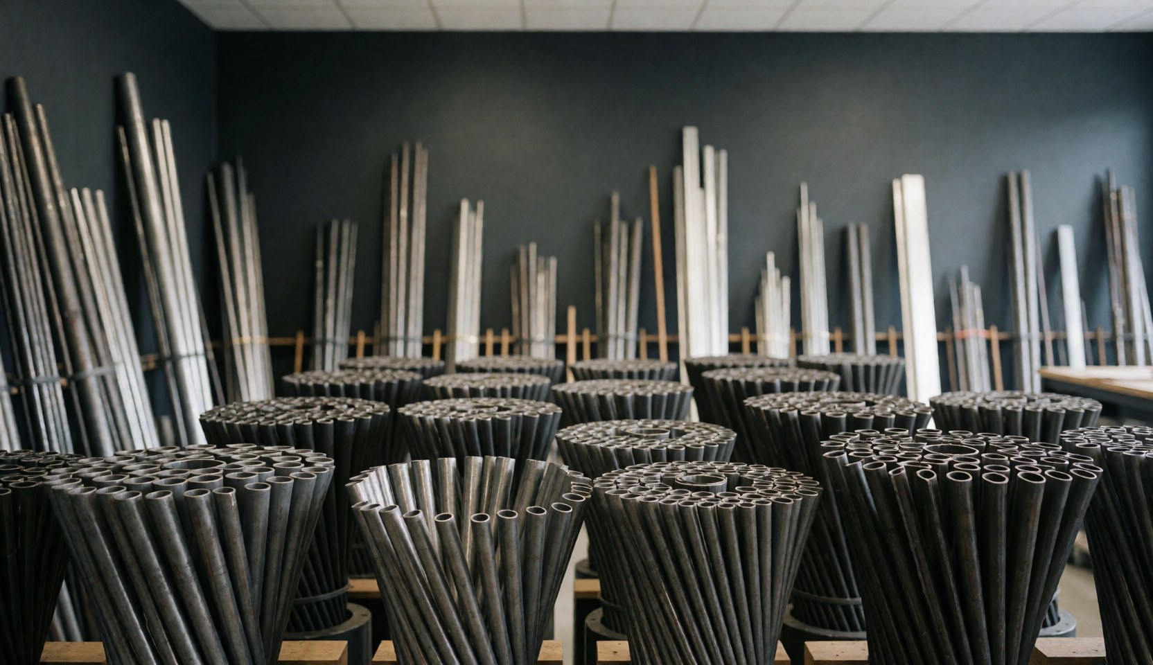 Neatly stacked steel pipes on tables in an industrial warehouse with charcoal gray walls, suitable for a welding website hero section