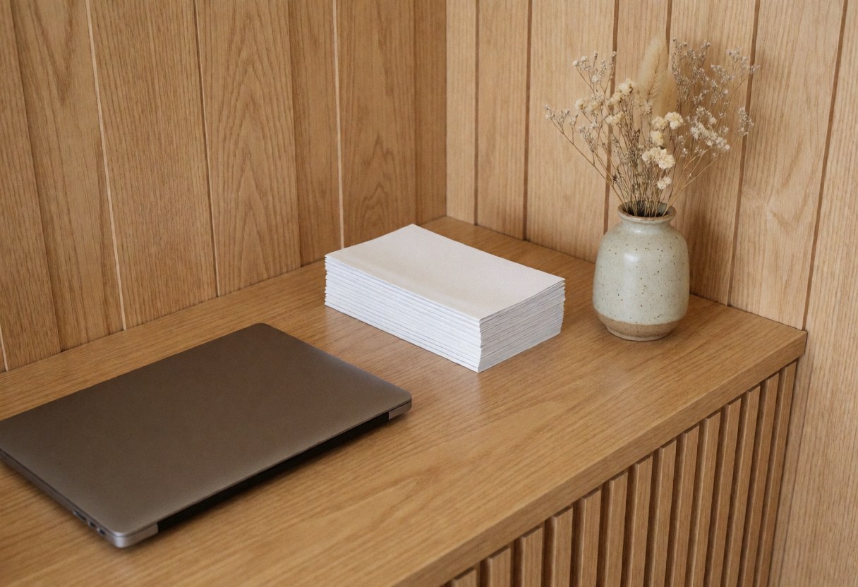 Closed laptop, brochure pile, and ceramic vase with dried flowers on a wooden desk in a clean, wood-paneled reception area.